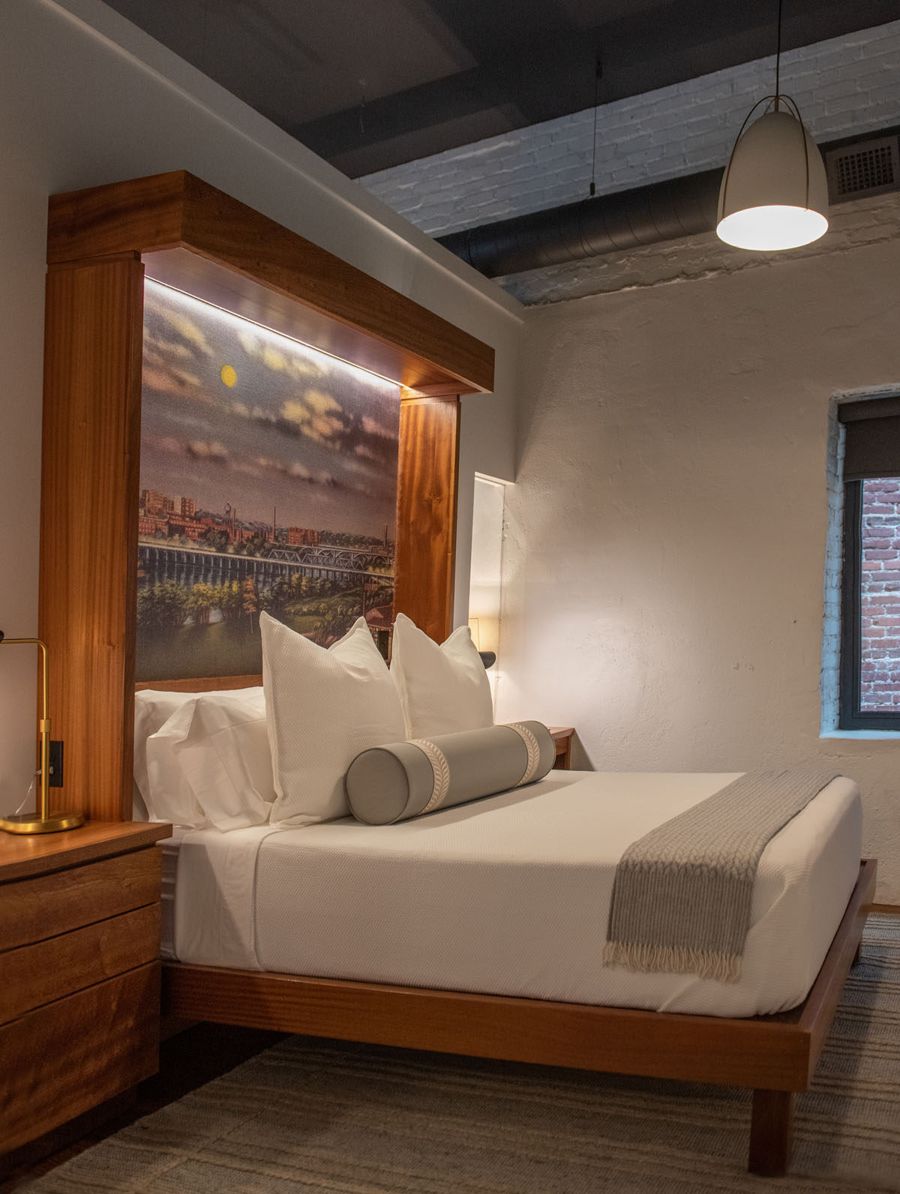 Second bedroom with a moonlit Danville skyline mural above the bed