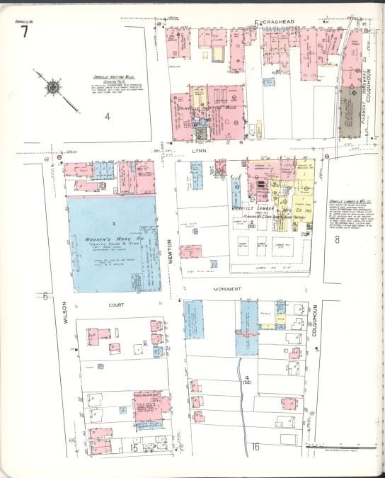 Later Sanborn fire-insurance map of Danville, sheet 7, showing a continuous row of brick buildings along Craghead Street beside the rail spur
